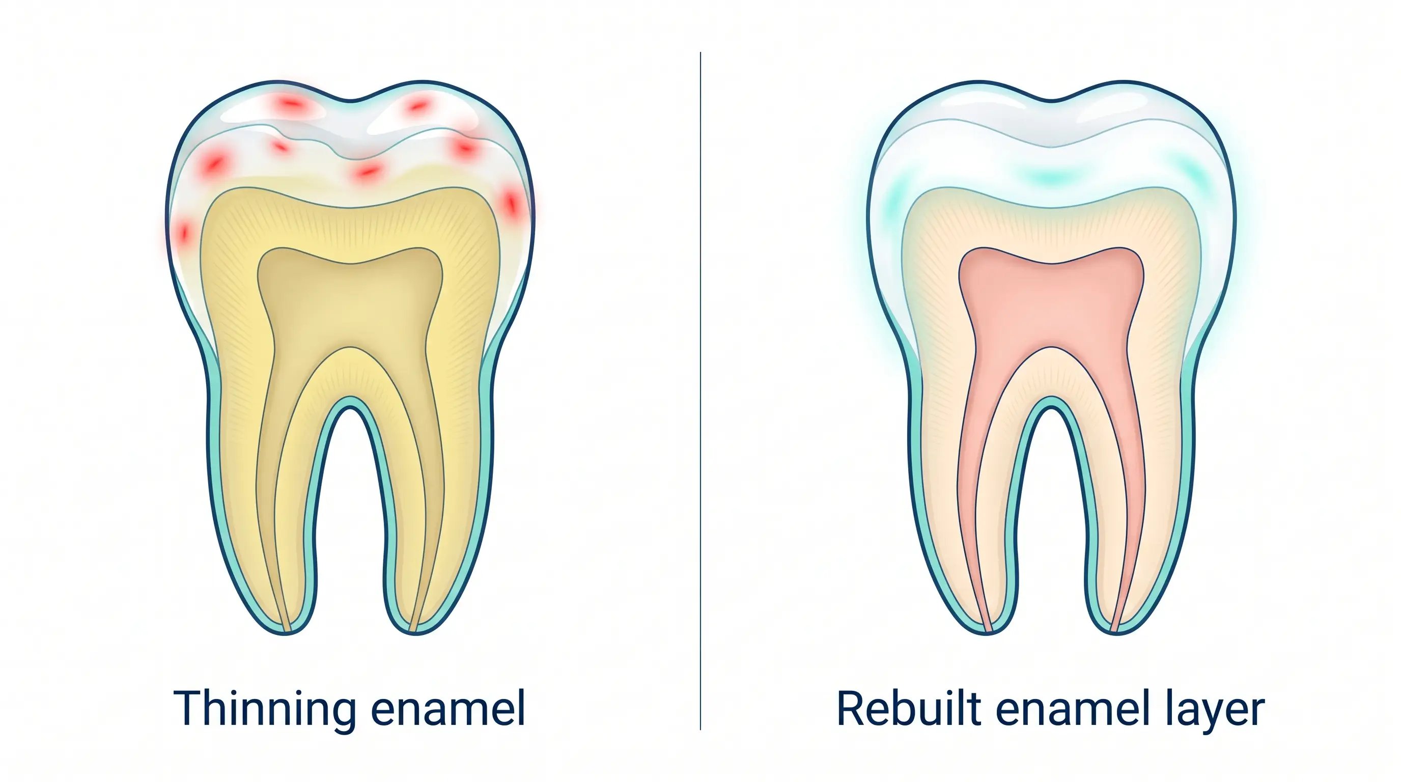 Before and after: thinning enamel versus rebuilt enamel layer masking the yellow dentin