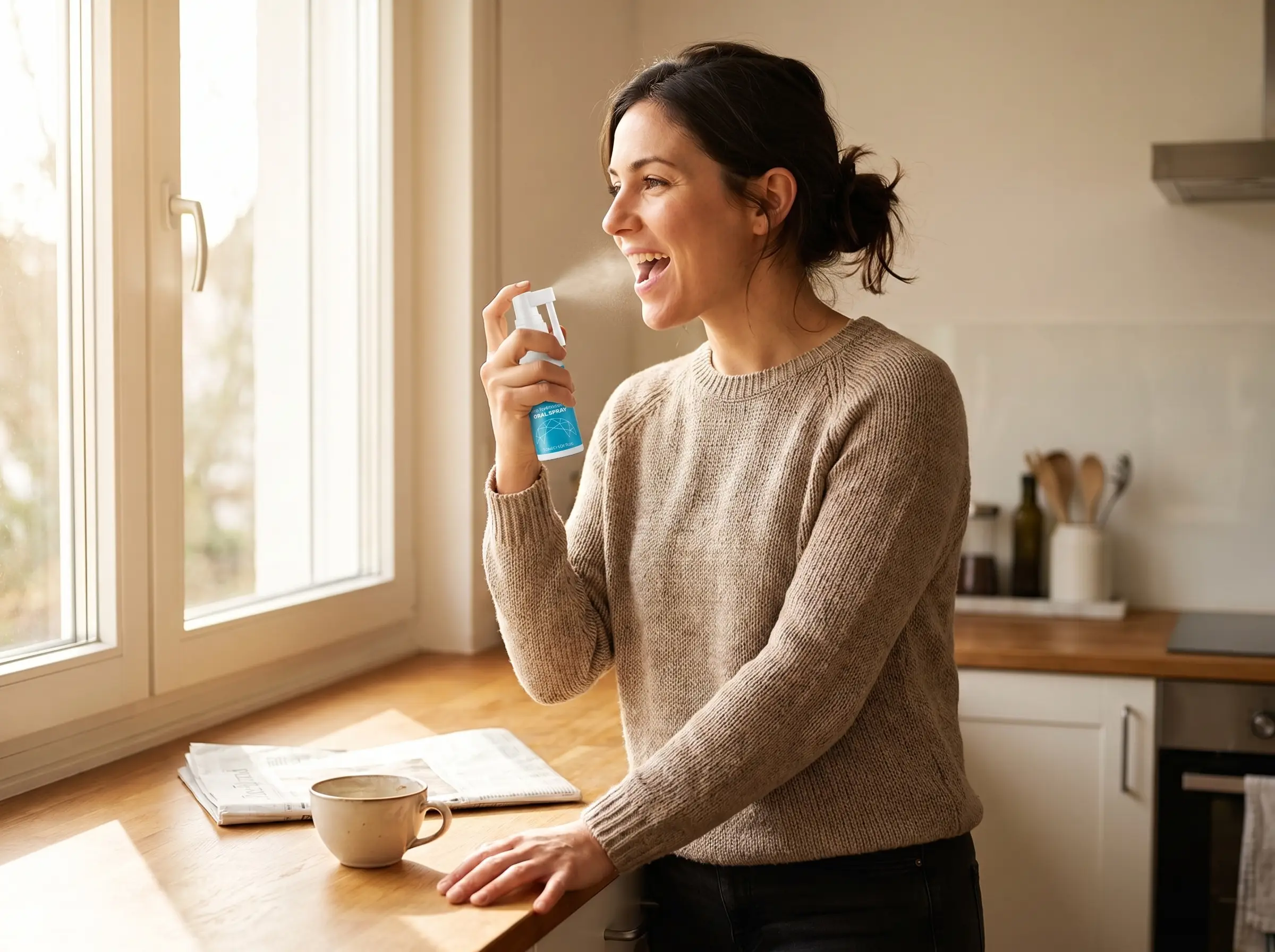 Woman using CariSpray Adult after her morning coffee