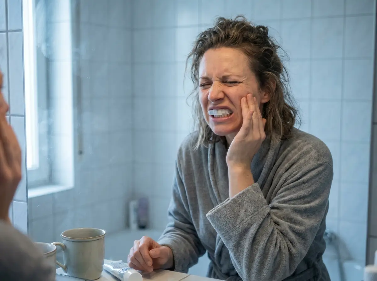 Woman wincing in pain while using a whitening strip